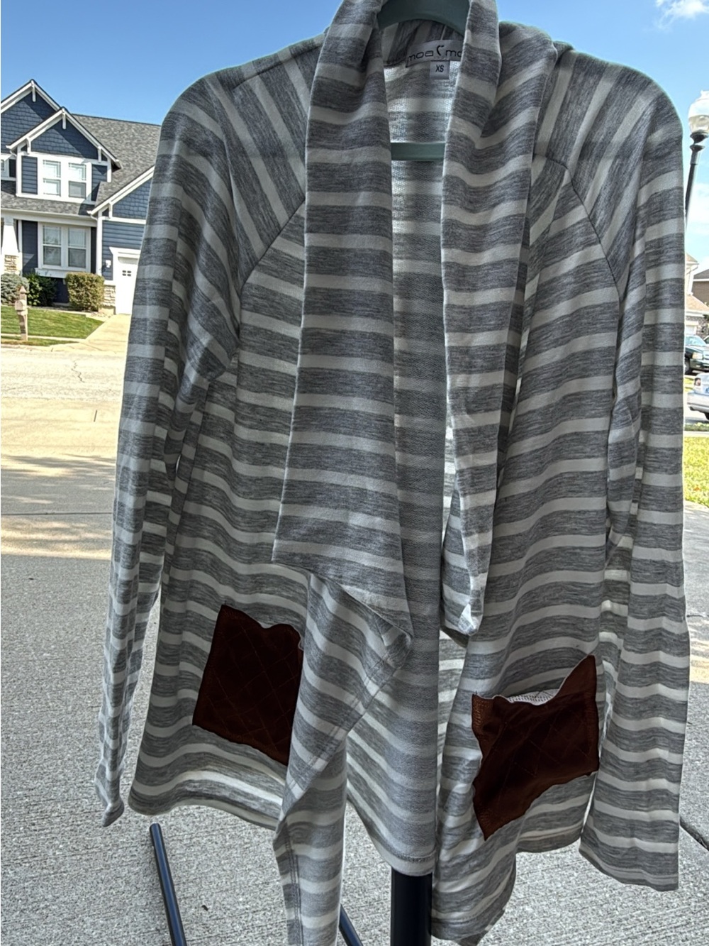 Moa Moa Gray Striped Open-Front Cardigan with Brown Patch Pockets